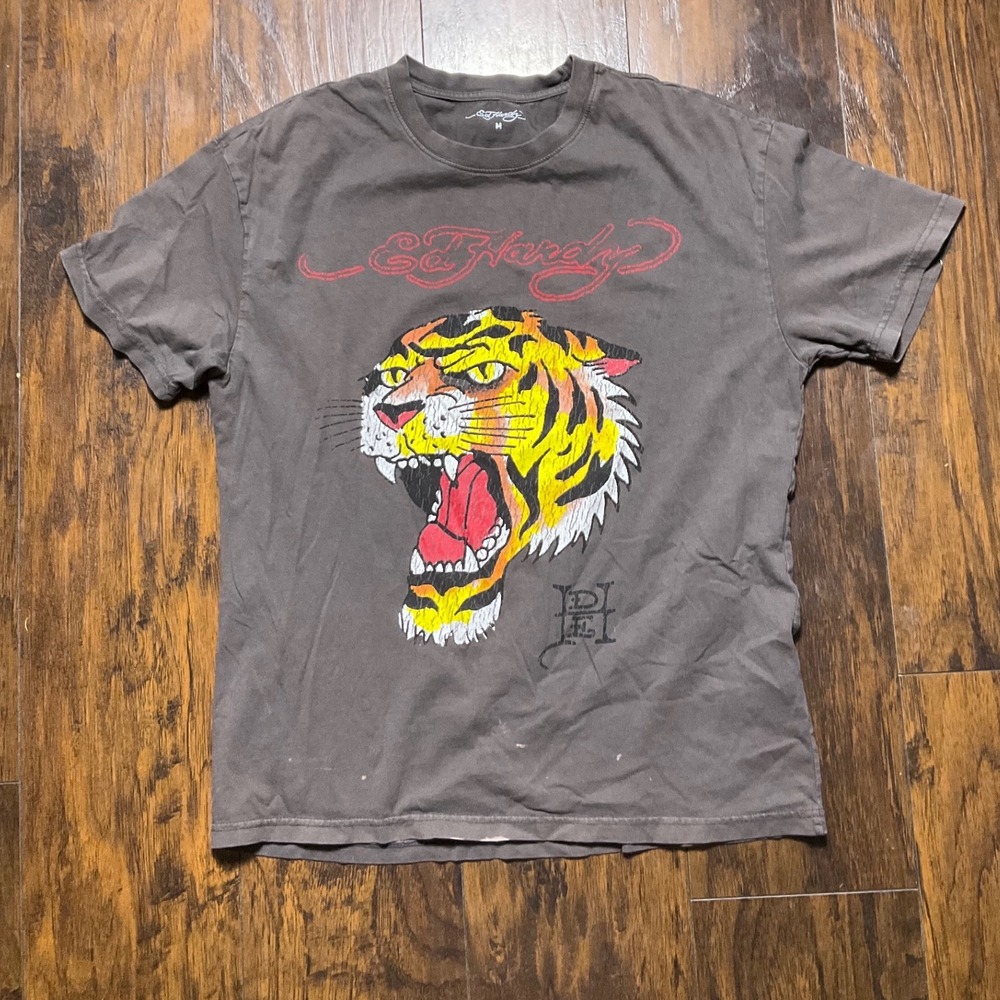 Ed Hardy Mens Tiger Graphic T-Shirt Gray Y2K Tattoo Art Tee Size M